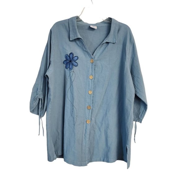 Sea Breeze Top Womens Plus Size Buton Up Collared 100% Cotton Blue Light Weight - Picture 2 of 11